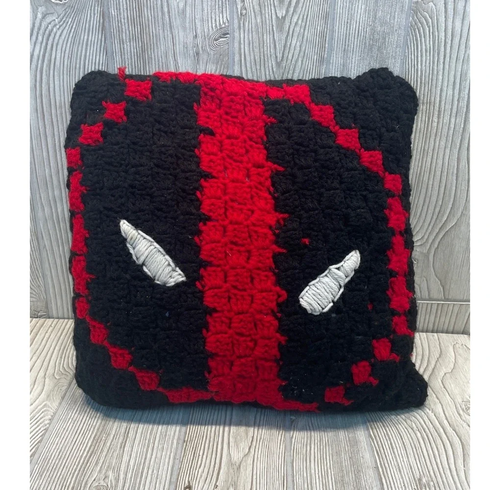 Handmade Deadpool Crochet Pillow Marvel Comics Decor Red Black Square 12x12